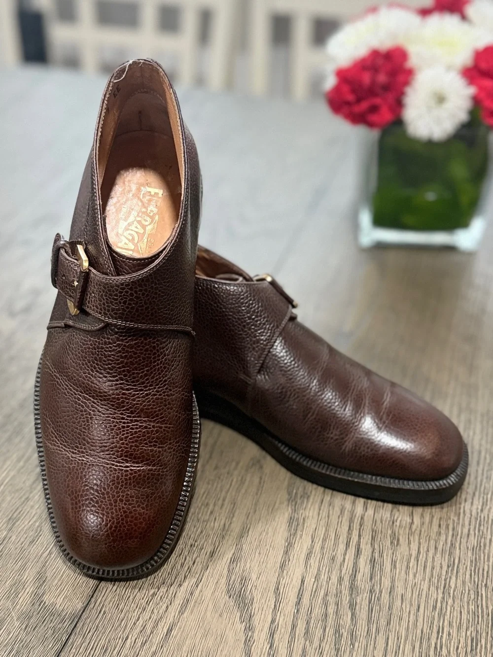 Salvatore Ferragamo Dark Brown Genuine Leather Single Monk Strap Oxfords